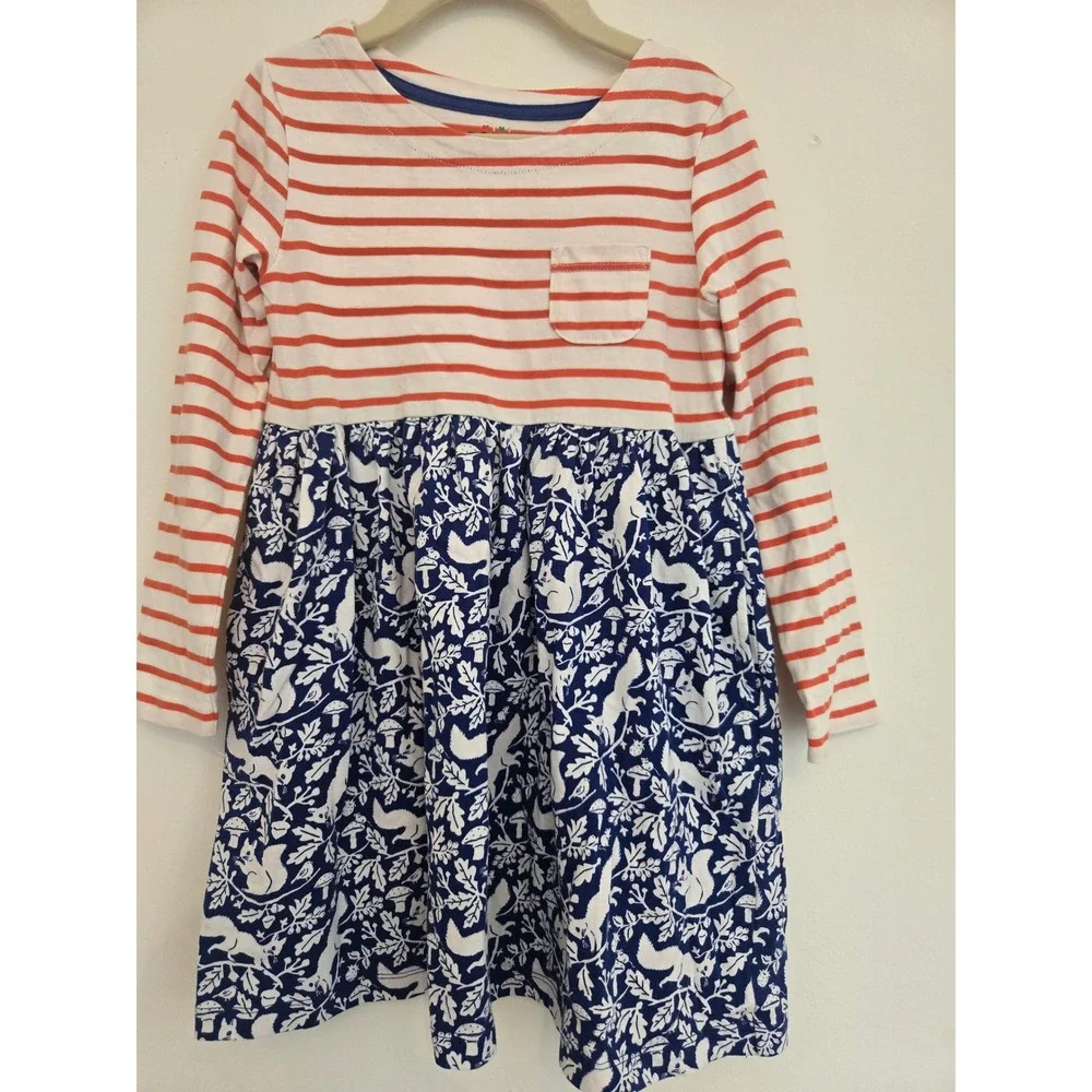 Mini Boden Girls Orange Striped Blue Squirrel Woodland Print Dress 5-6Y